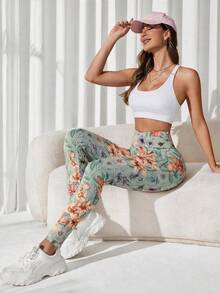 SHEIN Sports Women's Floral Print High Waist Daily Fitness Sports Leggings - Mist Green - View 4