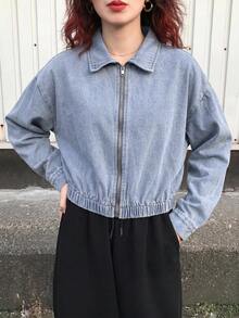 SHEIN Teen Girl Y2k Casual Blue Denim Button-Down Long-Sleeved Short Jacket Halloween And Black To School - Blue - View 5