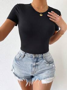 SHEIN Tie Back Rib Knit Top - Black - View 5