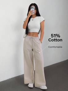 SHEIN PETITE 女款純色腰綁帶口袋長褲，舒適，適合春、夏、秋、冬 - 彩色 - 查看 9