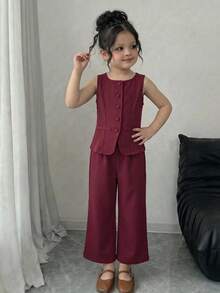 Firerie Kids Firerie Kids Young Girls Casual Daily Fashion Commute Red Vest & Pants 2 Pieces Set - Burgundy - View 6