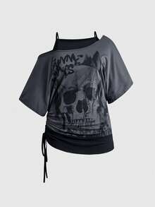 ROMWE Grunge Punk 辣妹復古音樂節派對骷髏紮染印花寬鬆不對稱露肩 2合1 大尺碼T恤 - 灰色 - 查看 1