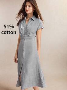 BizChic Striped Cinched Waist Cap Sleeve Dress, Vintage French Elegant Business Formal Vacation Countryside Slouchy Commute Date Daily Office Slimming Elegant Sexy Versatile Summer Autumn Halloween Back To School Party Birthday Wedding Guest Church Special Occasion Outing Beach Gathering Social Holiday Shopping Travel Minimalist Luxury - Black and White - View 6