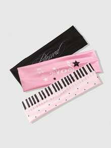 ROMWE Anime 5pcs Y2K Pink Cute Style Piano Keyboard Music Note Wing Letter Print Headbands, Versatile Hair Accessories For Yoga, Sports, Photography And Atmosphere - Multi-color C model - View 3