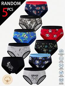 [5 Random Piece] Teenage Boys' Retro Graphic Game Controller, Football, Colorful Printed Soft Cotton Blend Breathable Briefs Autumn Fall - Multicolor - View 1