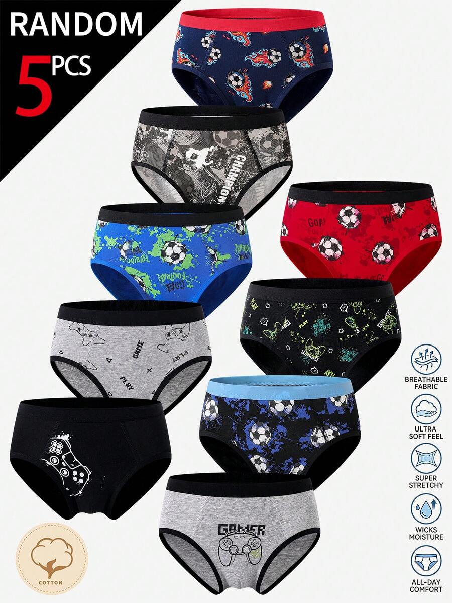 [5 Random Piece] Teenage Boys' Retro Graphic Game Controller, Football, Colorful Printed Soft Cotton Blend Breathable Briefs Autumn Fall - Multicolor - View 1