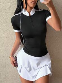 Gameset SHEIN Sport Women's Color Block Stand Collar Casual Daily Equestrian Short Sleeve Top - Black and White - View 6