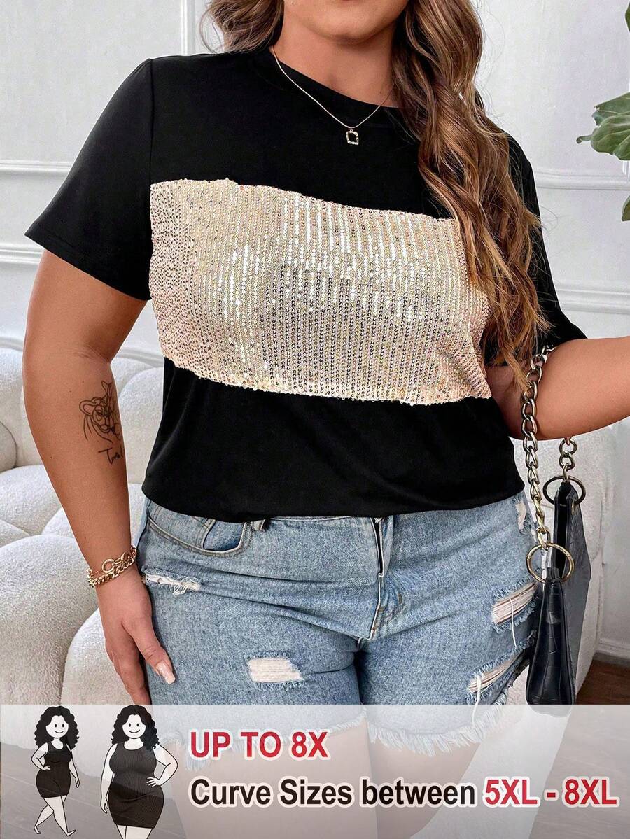 SHEIN CURVE+ Plus Size Women's Sequined Short Sleeve T-Shirt With Patchwork Design - Black - View 1