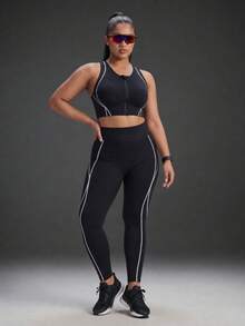 Powerista Women's Plus Size Seamless Front Zip Black Sports Bra With White Line Fashionable Seamless High Support Gym Casual Bra For  Running Cycling - Black - View 8
