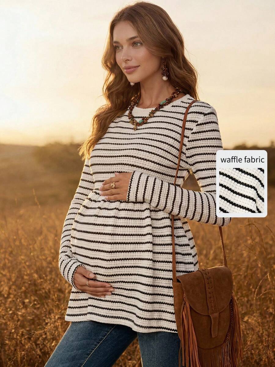 Boho Mama Maternity Striped Round Neck Long Sleeve Ruffle Hem Casual Maternity T-Shirt Photoshoot White Autumn Fall