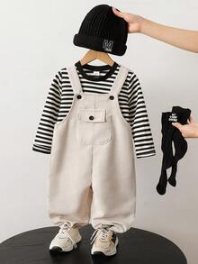 2pcs/Set Boys Toddler Spring/Autumn Black/White/Light Apricot Minimalist Korean Style Black/White Horizontal Striped Crew Neck Long Sleeve Top With Pocket Button Vertical Striped Suspenders Long Pants Set, Loose Straight Leg Fit, Suitable For Daily Wear, School Activities, Outdoor Play, Family Gatherings, Photography - Multicolor - View 1