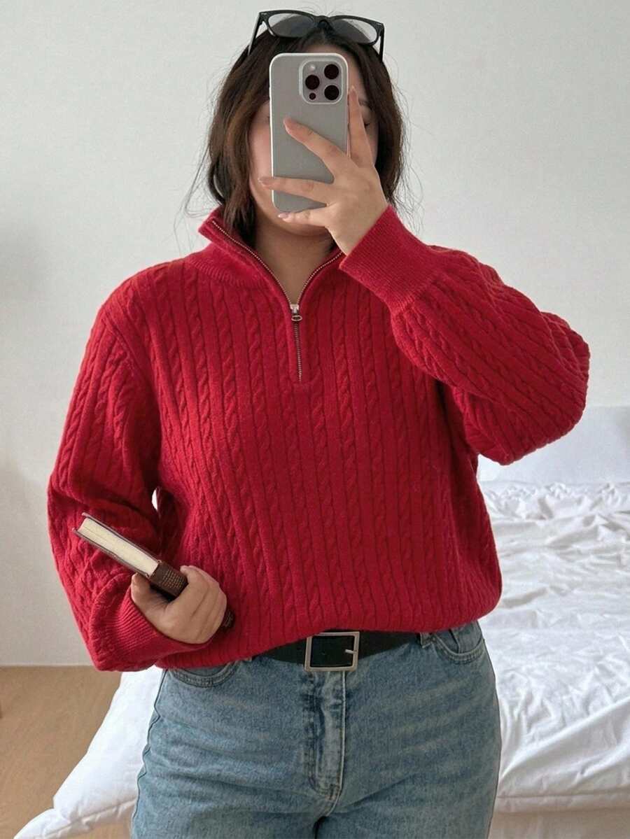 Dazy Plus Solid Color Casual Half-Button Loose Fit New Year Red Christmas Long Sleeve Pullover Sweater, Autumn/Winter - Red - View 1