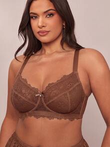 SHEIN BAE CURVE 圣诞蕾丝拼接加大码钢圈文胸 - 咖啡棕 - 查看 7