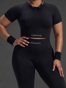 Powerista Women's Plus Size  Summer Gym And Workout Athletic Withe Letter Print Short Sleeve Top And High Waist Leggings Sport Set Casual Daily Sports Outfit - Black - View 4