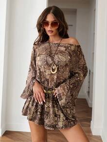 SHEIN ICON Fall Women's Going Out Brown Boho Vacation Cashew Pattern Off-Shoulder Flared Sleeve Mini Dress - Brown - View 1