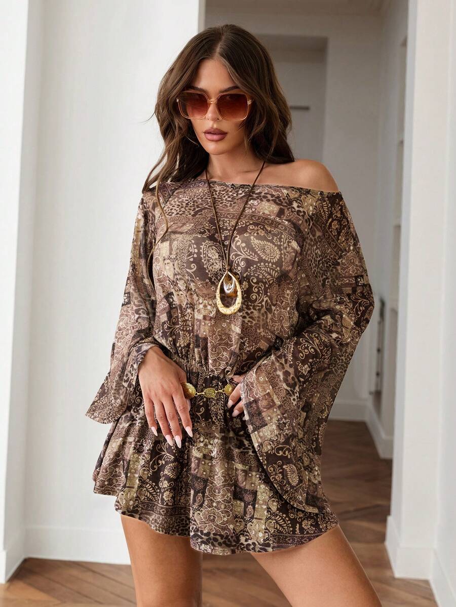 SHEIN ICON Fall Women's Going Out Brown Boho Vacation Cashew Pattern Off-Shoulder Flared Sleeve Mini Dress - Brown - View 1