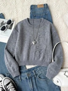 SHEIN 新款時尚百搭可愛手工3D刺繡大花落肩長袖短版套頭毛衣，柔軟舒適面料，適合單穿或疊穿，適合外出、休閒聚會與校園場景 - 灰色 - 查看 7