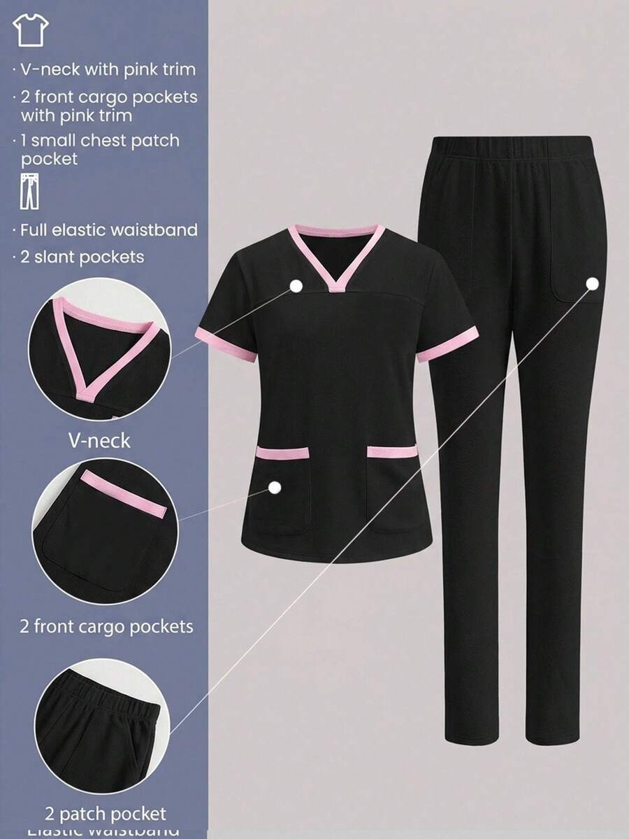 TaskEZ Conjunto de Uniforme Médico, Conjunto de Uniforme Médico de unicolor Minimalista de Manga Corta y Pantalones para Uso Diario - Multicolor - Ver 1