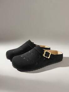 Solecia Women's Shoes Spring And Summer Versatile Wheat Ear Embroidery Adjustable Buckle Round Toe Flat Bottom Soft Suede Closed Toe Slippers Daily Travel - Black - View 6
