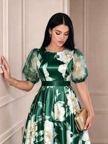 SHEIN Lady CURVE Plus Size Round Neck Raglan Petal Sleeve Summer Elegant Floral Print Dress Olive Green Birthday Evening Wedding Evening Evening Bride Vacation - Green - View 7