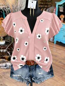 SHEIN LUNE CURVE 春夏法式優雅通勤休閒度假多場合花卉印花亞麻棉布荷葉袖V領大尺碼女式襯衫 - 粉色 - 查看 1