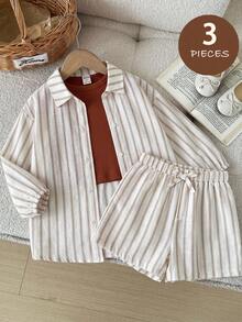SHEIN LMoss Kids 少女條紋單排扣外套、純色背心上衣與短褲套裝 - 彩色 - 查看 4