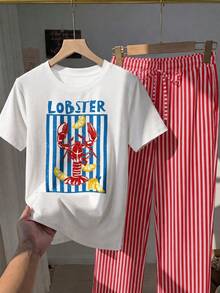 SHEIN EZwear 2件組圓領短袖上衣與條紋印花長褲大尺碼套裝，休閒極簡復古優雅通勤百搭舒適龍蝦檸檬 - 彩色 - 查看 5