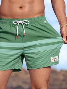Manfinity KASUA Men Loose Striped Beach Shorts In Vacation Style Milk Silk Lining - Green - View 4