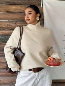 Dazy Plus Solid Color Casual Loose High Neck Versatile Autumn/Winter Long Sleeve Apricot Pullover Sweater - Apricot - View 5