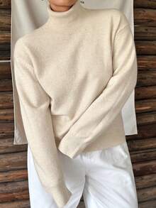 Dazy Plus Solid Color Casual Loose High Neck Versatile Autumn/Winter Long Sleeve Apricot Pullover Sweater - Apricot - View 7