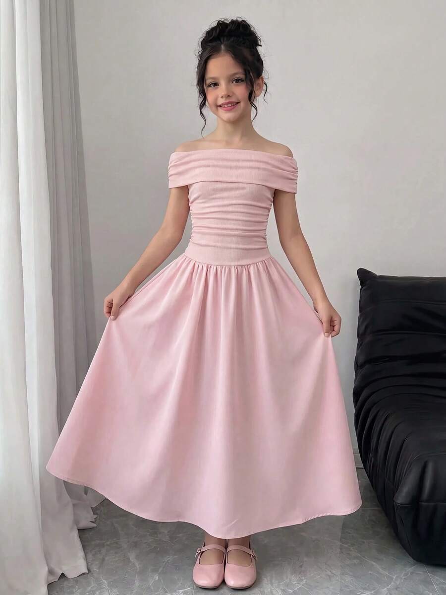 Firerie Kids Tween Girl Commuting Elegant Pink Knit Patchwork One-Shoulder Ruffle Maxi Dress, Suitable For Back To School/Party, Birthday, Prom And Other Occasions - Pink - View 1