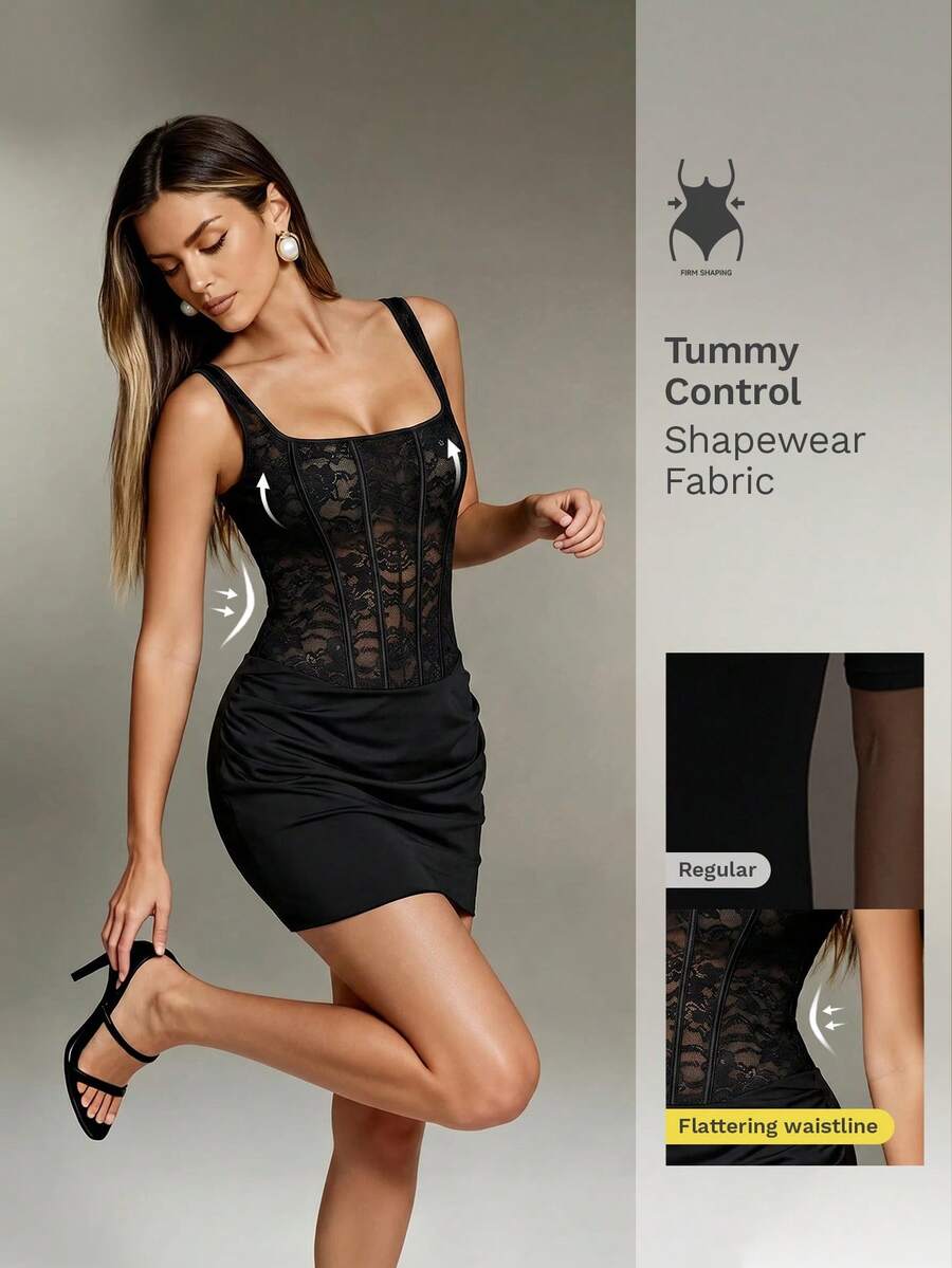 Nuvra Women's Contrast Lace Square Neck Pleated Sleeveless Elegant Mini Dress - Multicolor - View 1