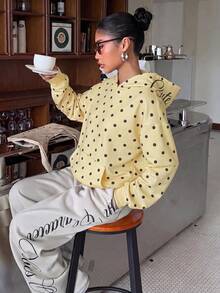 Muchica Women's Knitted Polka Dot Long Sleeve Hooded Sweatshirt - Pale Yellow - View 5