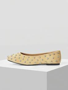 Mnmlis Women's Fashion Square Toe Rivet Decorative Flat Sole Shoes Daily Commute Party Comfortable And Versatile - Apricot - View 2