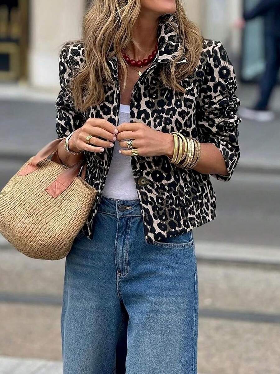 SHEIN LUNE Chaqueta diaria simple para mujer con estampado de leopardo - Multicolor - Ver 1