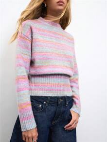 Nöista Multicolor Striped Knit Sweater With Ribbed Waist. Fall, Back To School And Everyday Style. - Pink - View 9