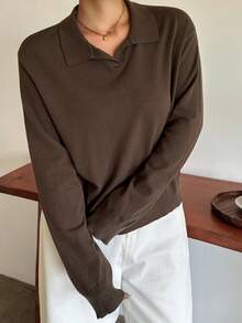 Dazy Plus Solid Color Loose Casual Collared Versatile Brown Autumn/Winter Pullover Sweater - Brown - View 8