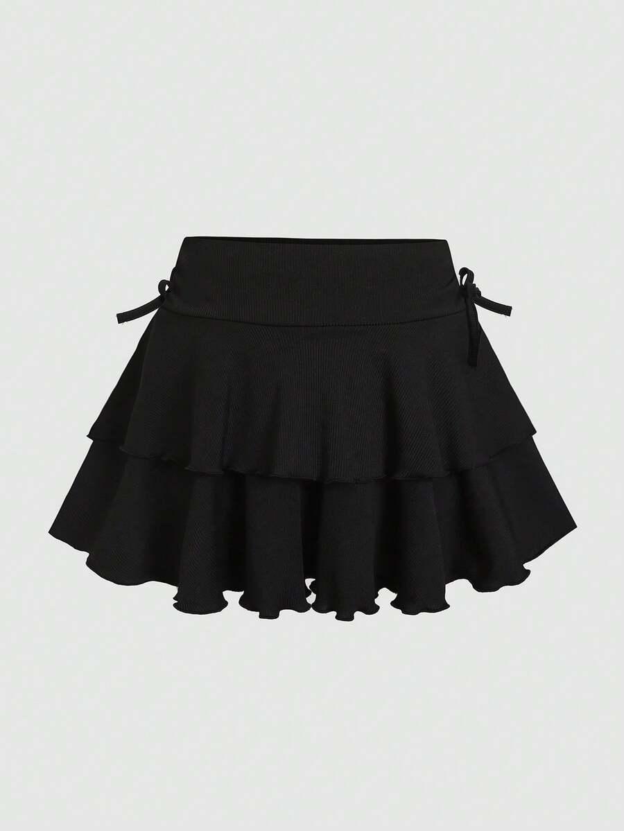 SHEIN Tween Girl Street Casual Black Knit Solid Color Drawstring Ruched Waist Cake Skirt Tween Girl - Black - View 1