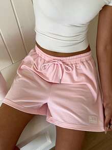 SHEIN EZwear 夏季寬鬆休閒粉色抽繩腰貼布設計運動短褲 - 粉色 - 查看 2