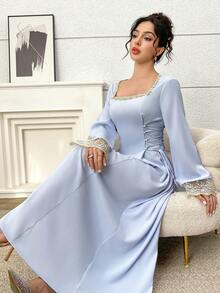 Yasmyna Women's Embroidered Mesh Patchwork Criss-Cross Tie Waist Arabian Dress - Blue - View 3
