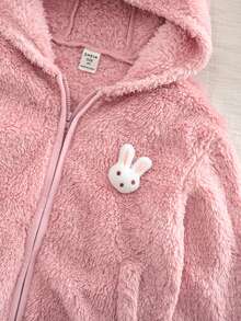 SHEIN Young Girl Knitted Solid Color Faux Fur Hooded 3D Cute Rabbit Patch Casual Jacket - Pink - View 9