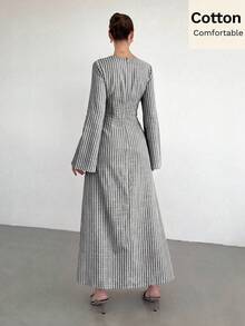 Siren Gaze 女款純色打結設計前襟金屬扣飾喇叭袖長袖洋裝，女款婚禮賓客禮服，女款冬季洋裝 - 黑與白 - 查看 2