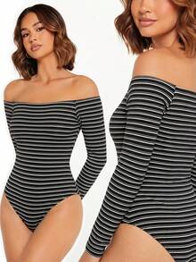 SHEIN BASICS Women's Striped Off-Shoulder Long Sleeve Bodysuit - Black and White - View 8