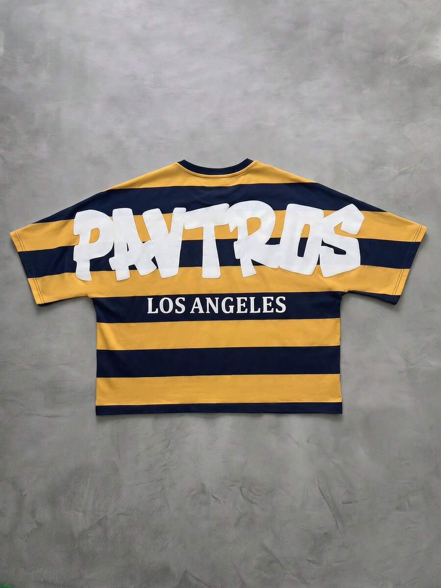 PAVTROS Men's Letter Striped Crew Neck Short Sleeve Casual T-Shirt - Multicolor - View 1