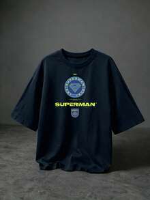 SUPERMAN X SHEIN Gym Rark Kaos Olahraga Kasual Pria dengan Cetakan Huruf untuk Perjalanan Sehari-hari - Navy Blue - View 2