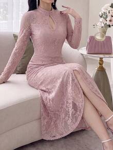 Feyla Women's Lace Split Design Casual Daily Summer Long Dress - Pink - View 1