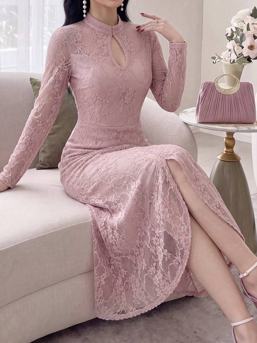 Feyla Women's Lace Split Design Casual Daily Summer Long Dress - Pink - View 1