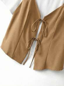 GlowEve CURVE Plus Size Women 2pcs Set Solid Color Contrast Tie-Up Knit 2 In 1 Short Sleeve T-Shirt Top And Long Loose Straight Leg Pants, Suitable For Daily Casual Commute Wear - Khaki - View 7