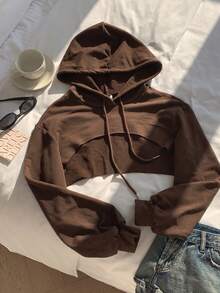 SHEIN EZwear 抽繩細節超短版休閒衛衣－黑白配色，長袖上衣，秋冬巧克力棕色衛衣 - 巧克力棕 - 查看 4