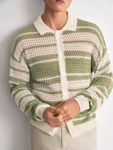 Manfinity LEGND Men's Colorblock Casual Versatile Daily Wear Cardigan Holiday Festival Autumn Streetwear Winter - Green - View 5